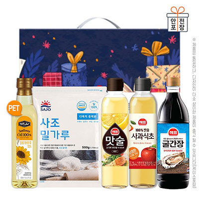 페트해바라기유 사조밀가루 맛술 사과식초 굴간장 5종선물세트