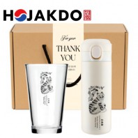 한국전통 K컬쳐 샤이닝 글라스컵 호작도 원터치 텀블러 420ml 선물세트