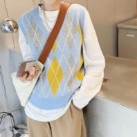 브이넥 크롭 니트 조끼 체크 베스트