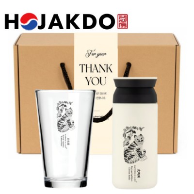 한국전통 K컬쳐 샤이닝 글라스컵 호작도 트레블 텀블러 350ml 선물세트