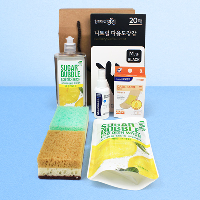 슈가버블 주방세제+리필 니트릴장갑 떡수세미 대일밴드 소독용에탄올 주방6종세트
